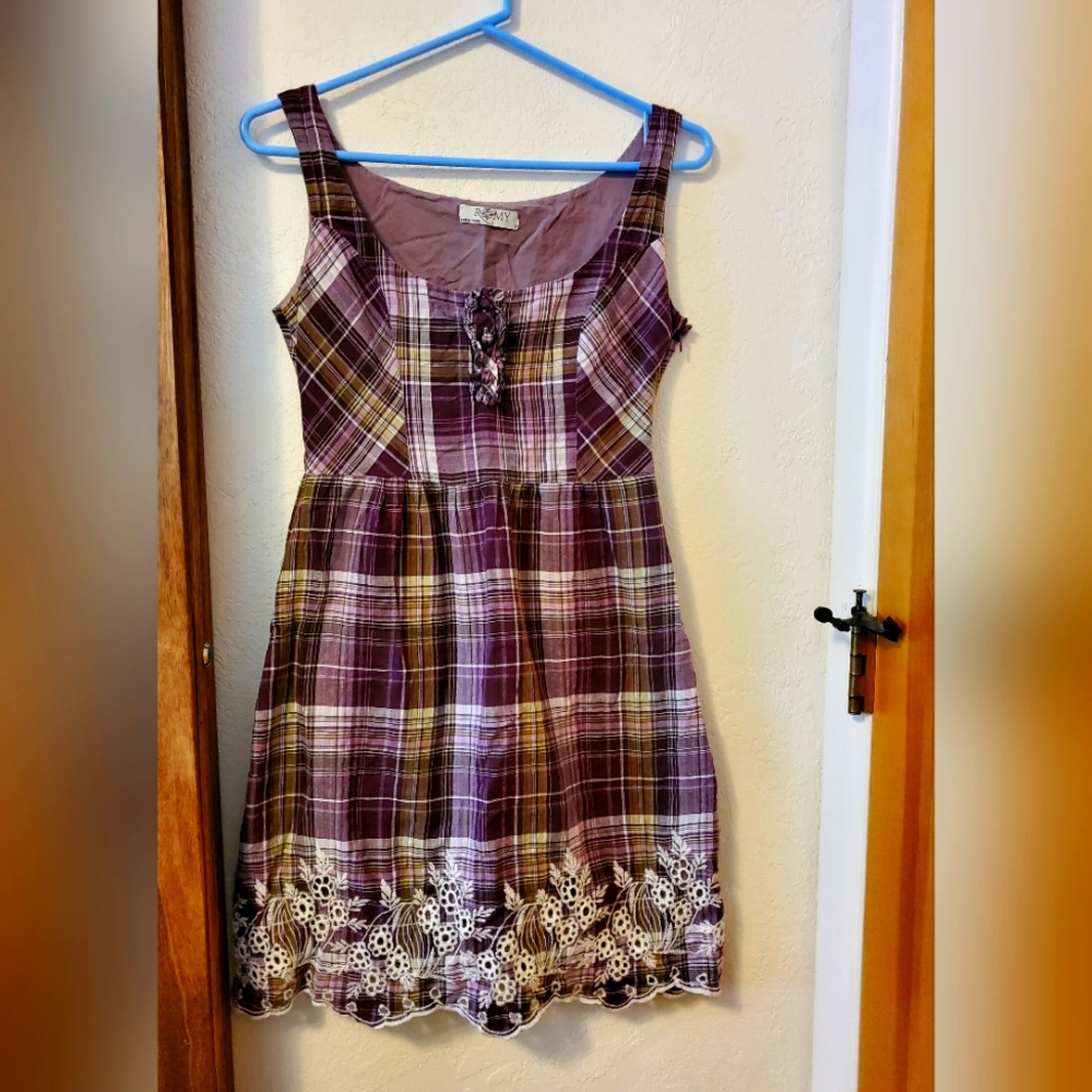 Romy Purple Plaid Dress with Eyelet Embroidery